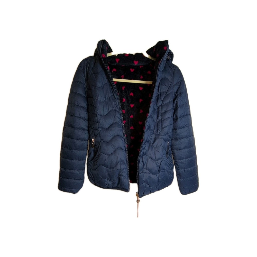Kid's Quilted Puffer Jacket  Pink  Heart-patterned Fleece Lining S8-16 Navy Blue